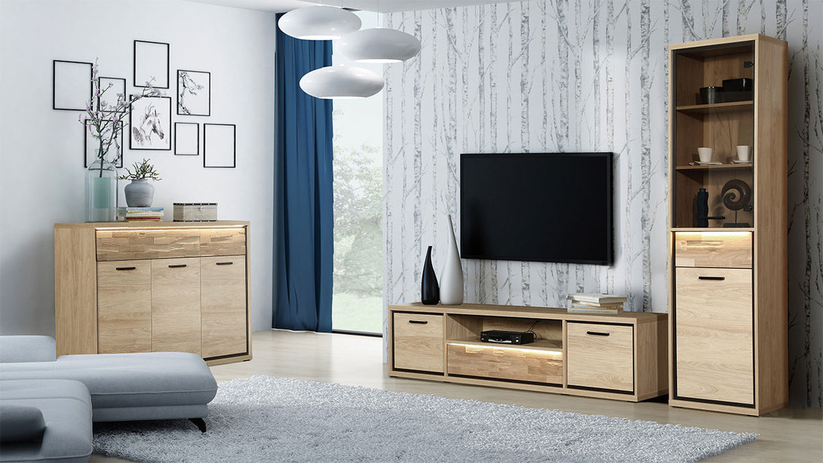 Könyvespolc Mediolan 04 (Sarged SR04), Fényes fa + Tölgy, Led világítás: Igen