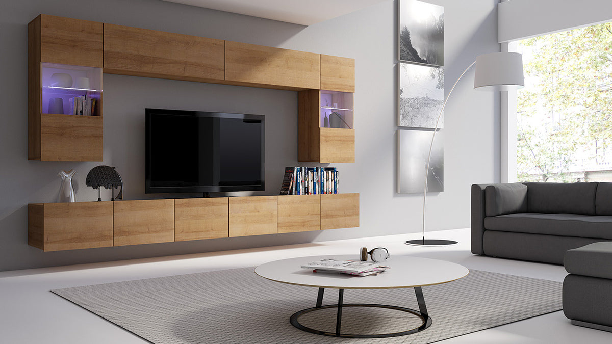 Fali szekrény Calabrini (Bralani BR05), Szín: Arany tölgy, Led világítás: Ez kék