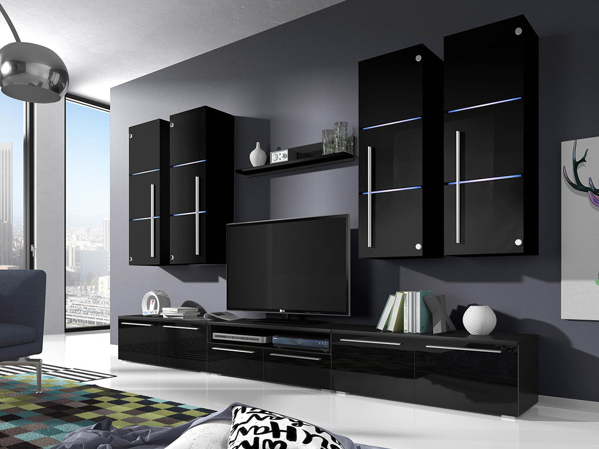 Nappali szett Bárasztali M (Brita), Álló szekrények színe: Fekete + Fényes fekete, Fali szekrények színe: Fekete + Fényes fekete