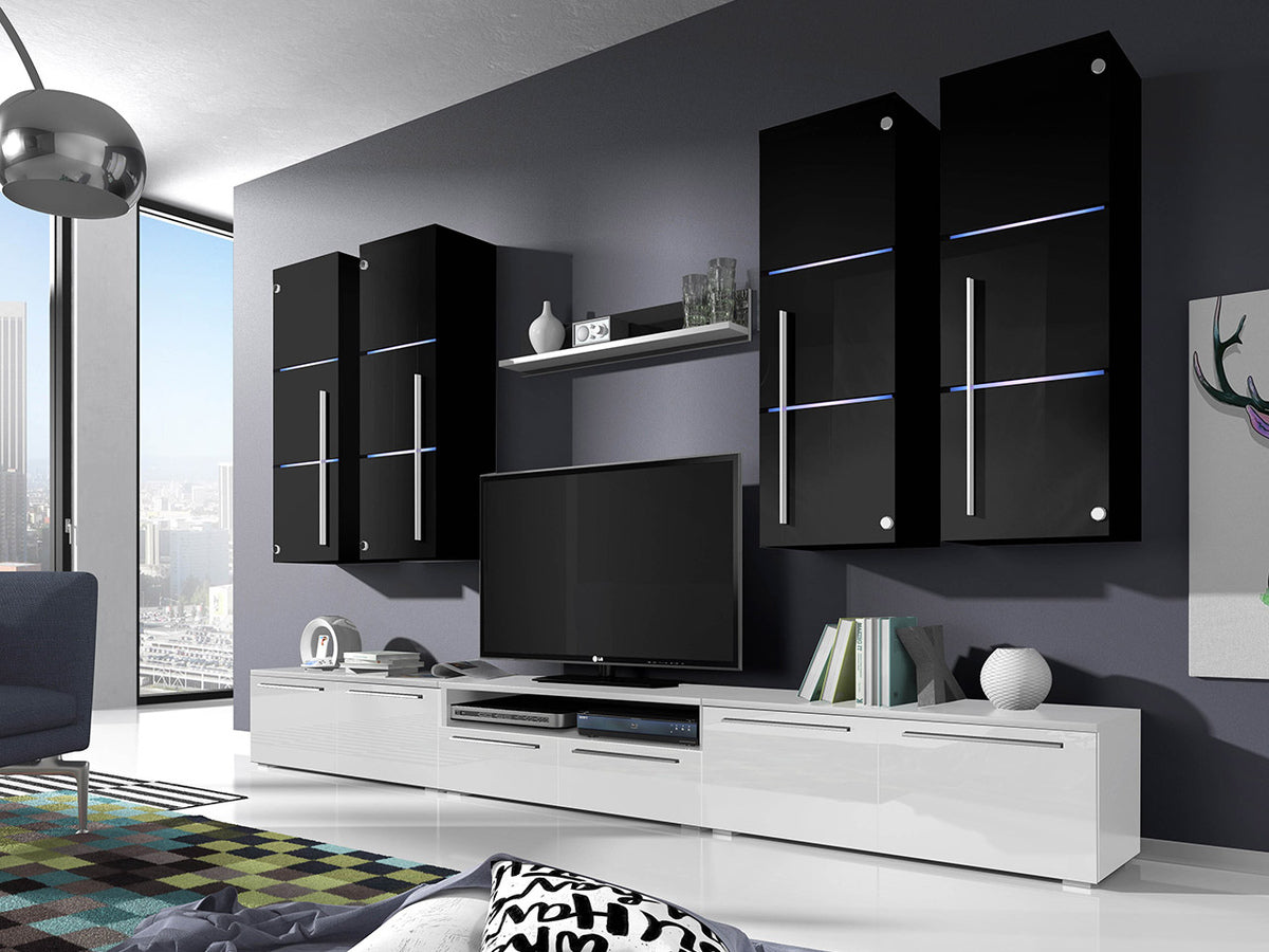 Nappali szett Bárasztali M (Brita), Álló szekrények színe: Fehér + Fényes fehér, Fali szekrények színe: Fekete + Fényes fekete