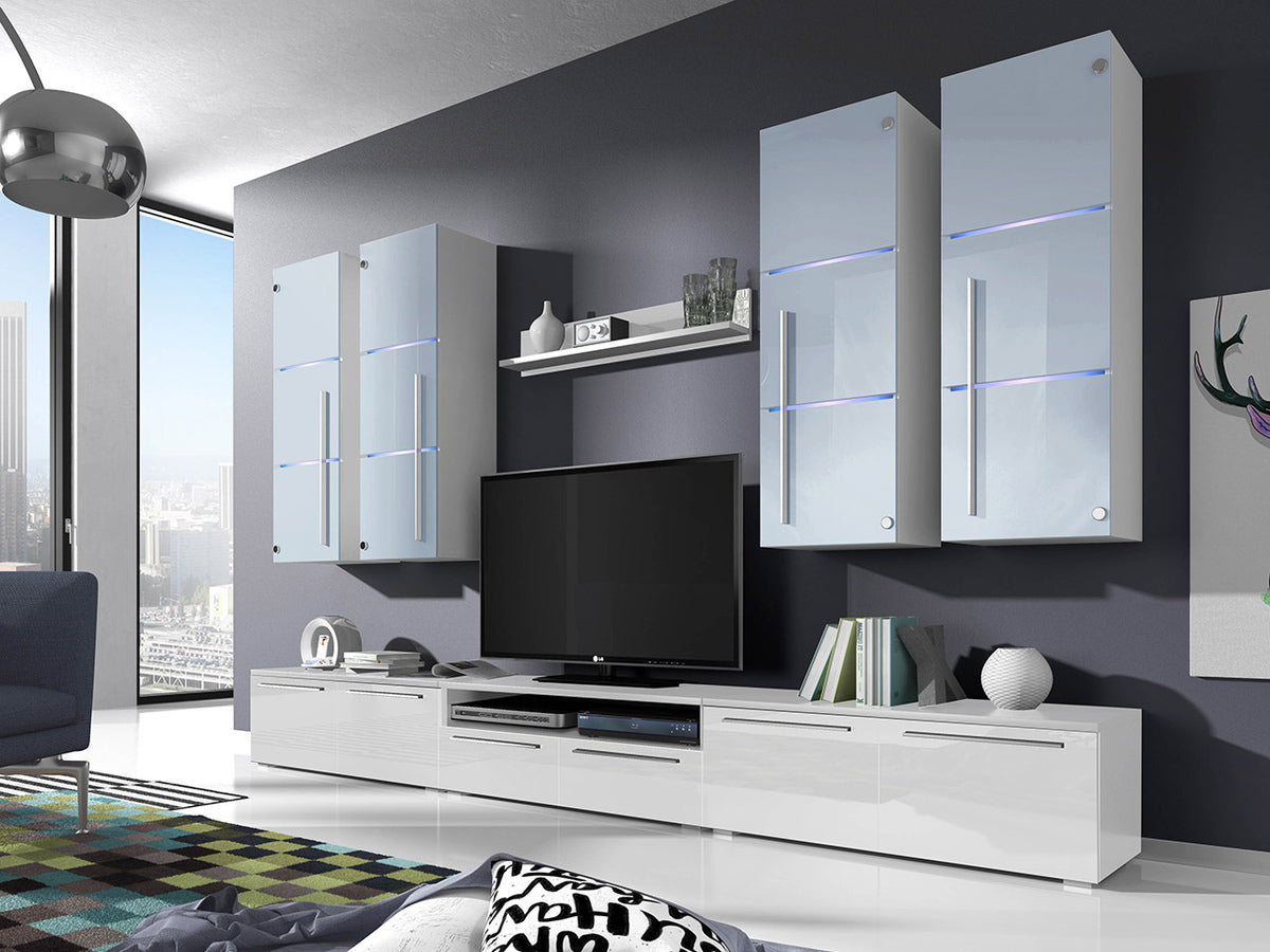 Nappali szett Bárasztali M (Brita), Álló szekrények színe: Fehér + Fényes fehér, Fali szekrények színe: Fehér + Fényes fehér