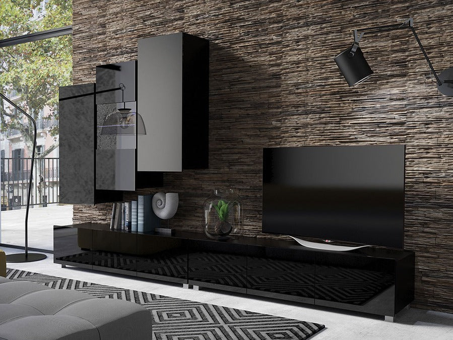 Nappali szett Calabrini (Bralani XVII), Led világítás: Ez kék, Szín: Fényes fekete