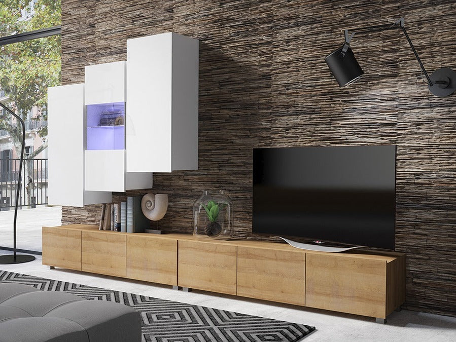 Nappali szett Calabrini (Bralani XVII), Szín: Arany tölgy + Fehér + Fényes fehér, Led világítás: Ez kék