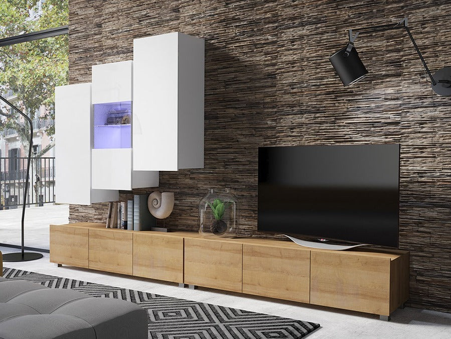 Nappali szett Calabrini (Bralani XVII), Szín: Arany tölgy + Fehér + Fényes fehér, Led világítás: Igen fehér