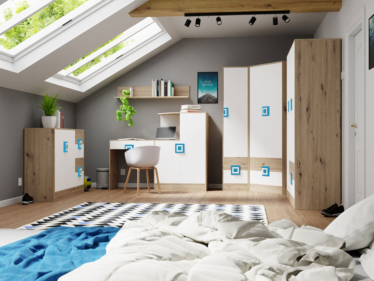 Bútorkészlet Nico (Niczi V), Szín: Világos tölgy + Fehér + Türkiz