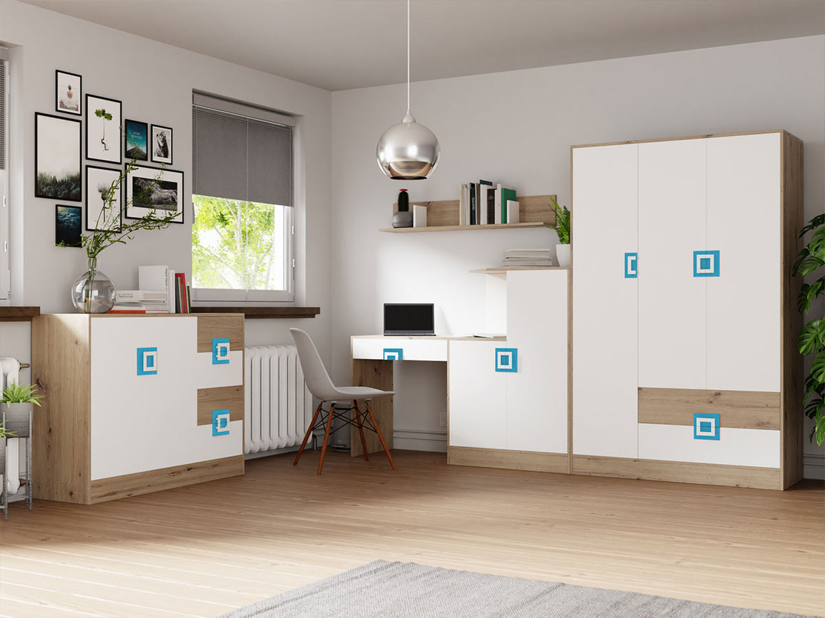 Bútorkészlet Nico (Niczi VI), Szín: Világos tölgy + Fehér + Türkiz