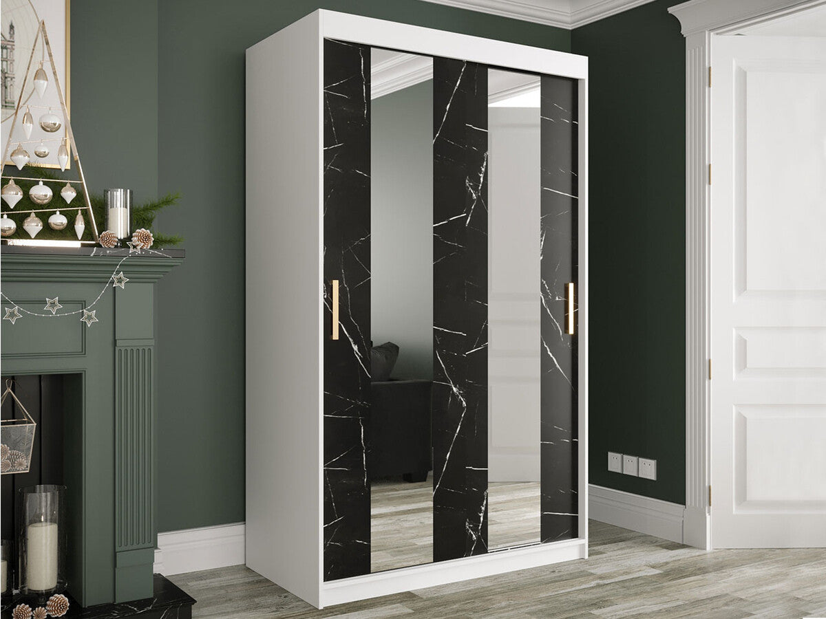 Gardróbszekrény 120 MARMUR POLE (Nemnnus 120), Szín: Matt fehér + Fekete márvány, Fiókok: Igen