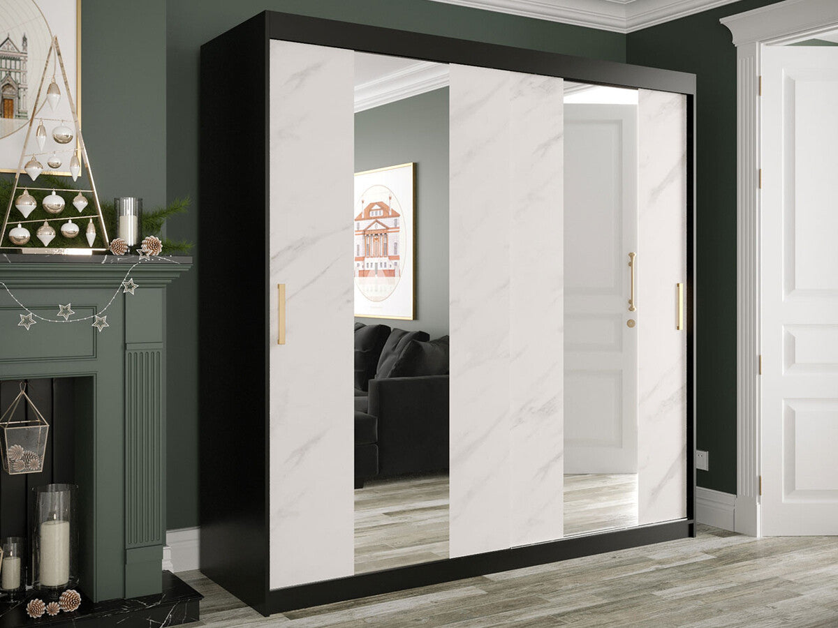 Gardróbszekrény 200 MARMUR POLE (Nemnnus 200), Szín: Matt fekete + Fehér márvány, Fiókok: Nem