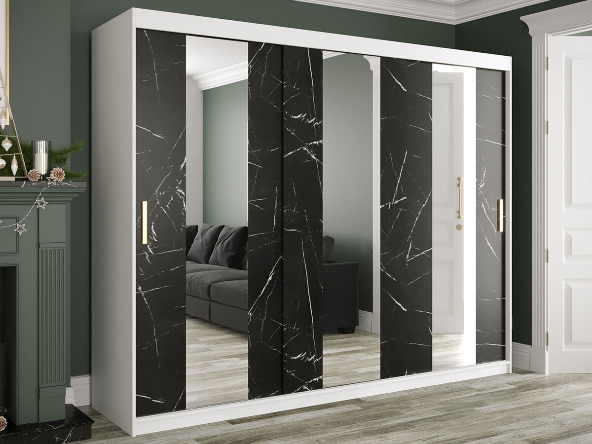 Gardróbszekrény 250 MARMUR POLE (Nemnnus 250), Szín: Matt fehér + Fekete márvány, Fiókok: Nem