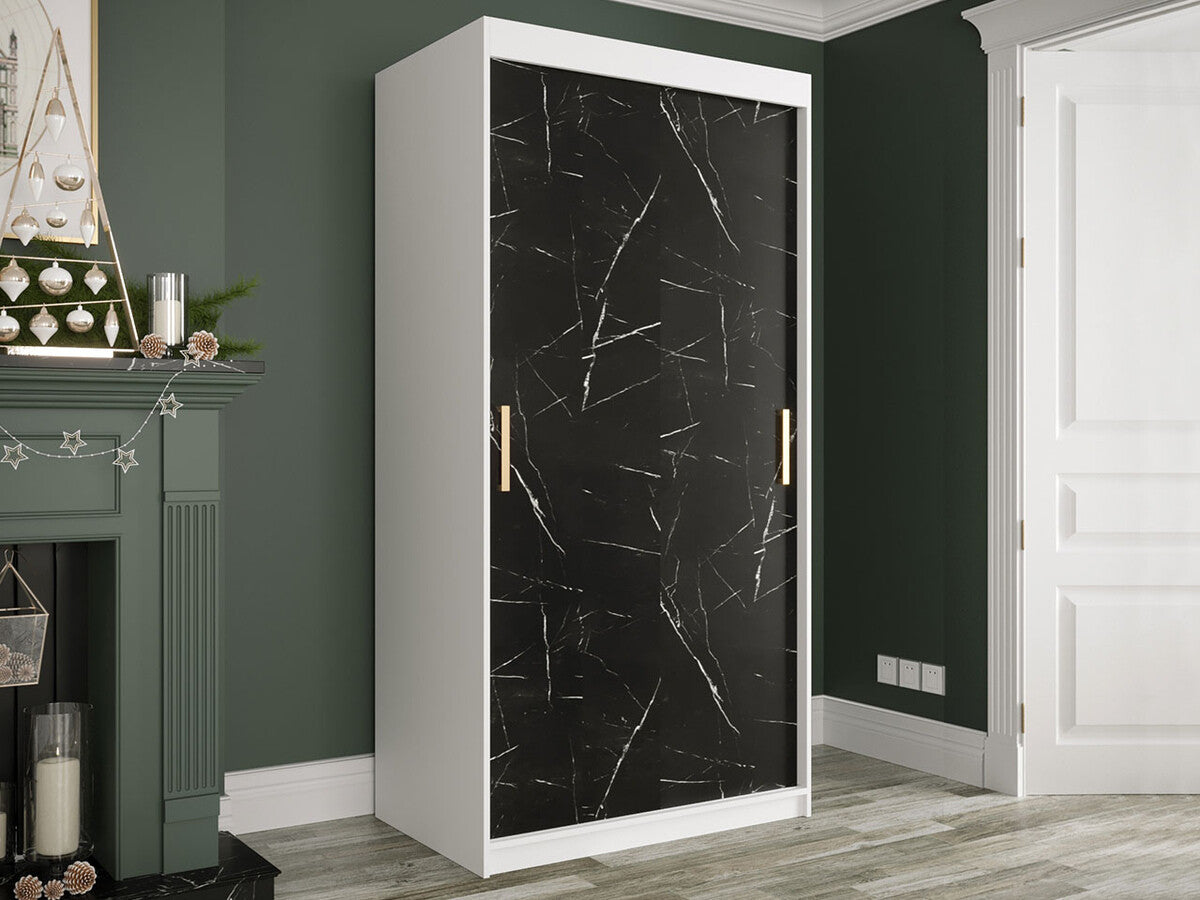 Gardróbszekrény 100 MARMUR T (Nemnnus T 100), Szín: Matt fehér + Fekete márvány, Fiókok: Igen