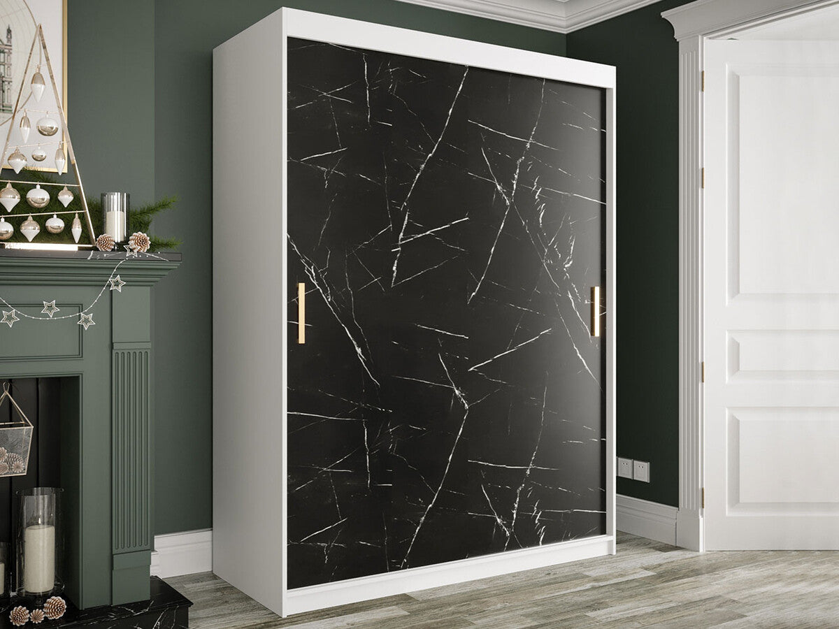 Gardróbszekrény 150 MARMUR T (Nemnnus T 150), Szín: Matt fehér + Fekete márvány, Fiókok: Igen