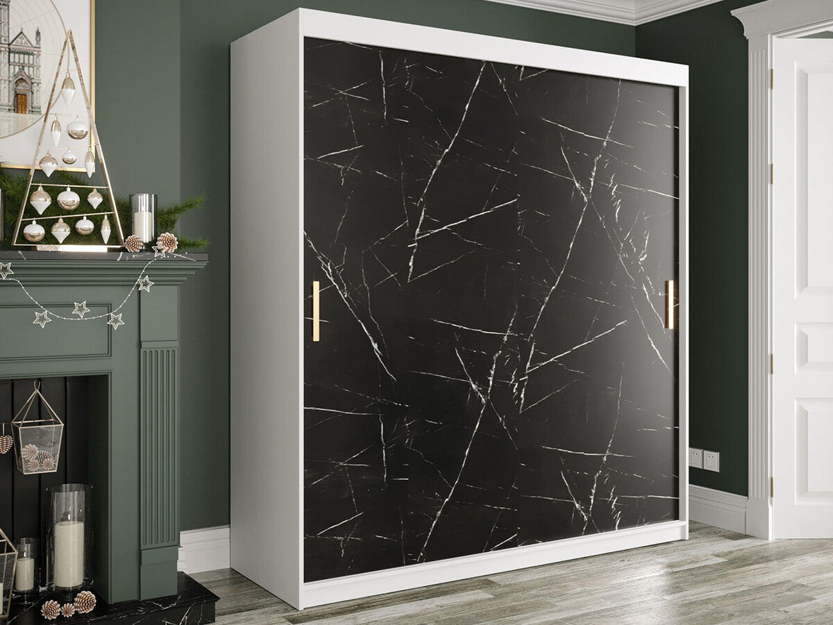 Gardróbszekrény 180 MARMUR T (Nemnnus T 180), Szín: Matt fehér + Fekete márvány, Fiókok: Igen