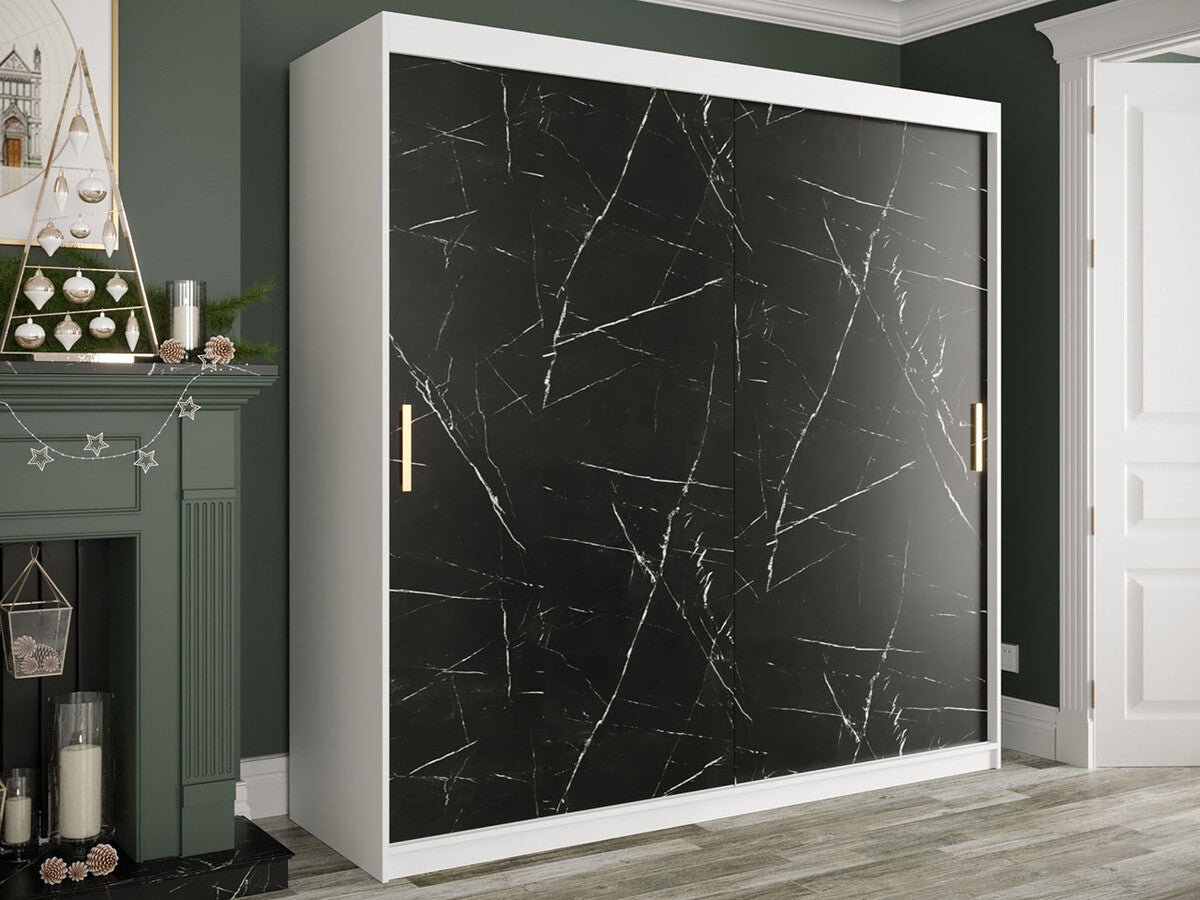 Gardróbszekrény 200 MARMUR T (Nemnnus T 200), Szín: Matt fehér + Fekete márvány, Fiókok: Nem