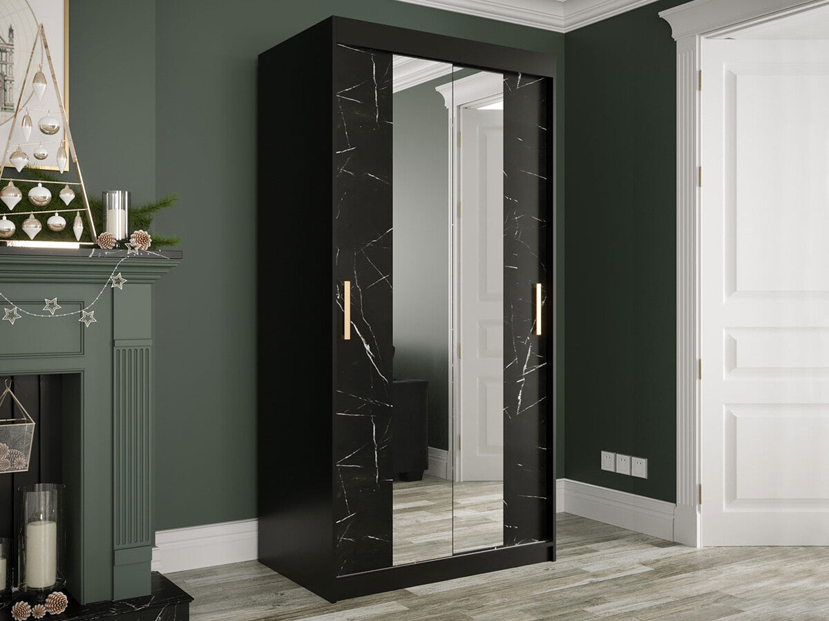 Gardróbszekrény 100 MARMUR T1 (Nemnnus T1 100), Szín: Matt fekete + Fekete márvány, Fiókok: Igen