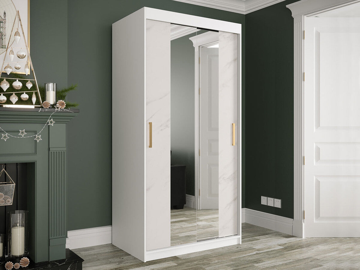 Gardróbszekrény 100 MARMUR T1 (Nemnnus T1 100), Szín: Matt fehér + Fehér márvány, Fiókok: Nem