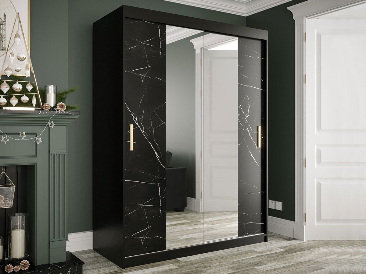 Gardróbszekrény 150 MARMUR T1 (Nemnnus T1 150), Szín: Matt fekete + Fekete márvány, Fiókok: Igen