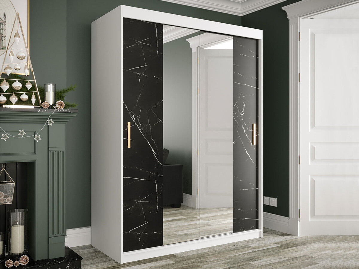 Gardróbszekrény 150 MARMUR T1 (Nemnnus T1 150), Szín: Matt fehér + Fekete márvány, Fiókok: Nem