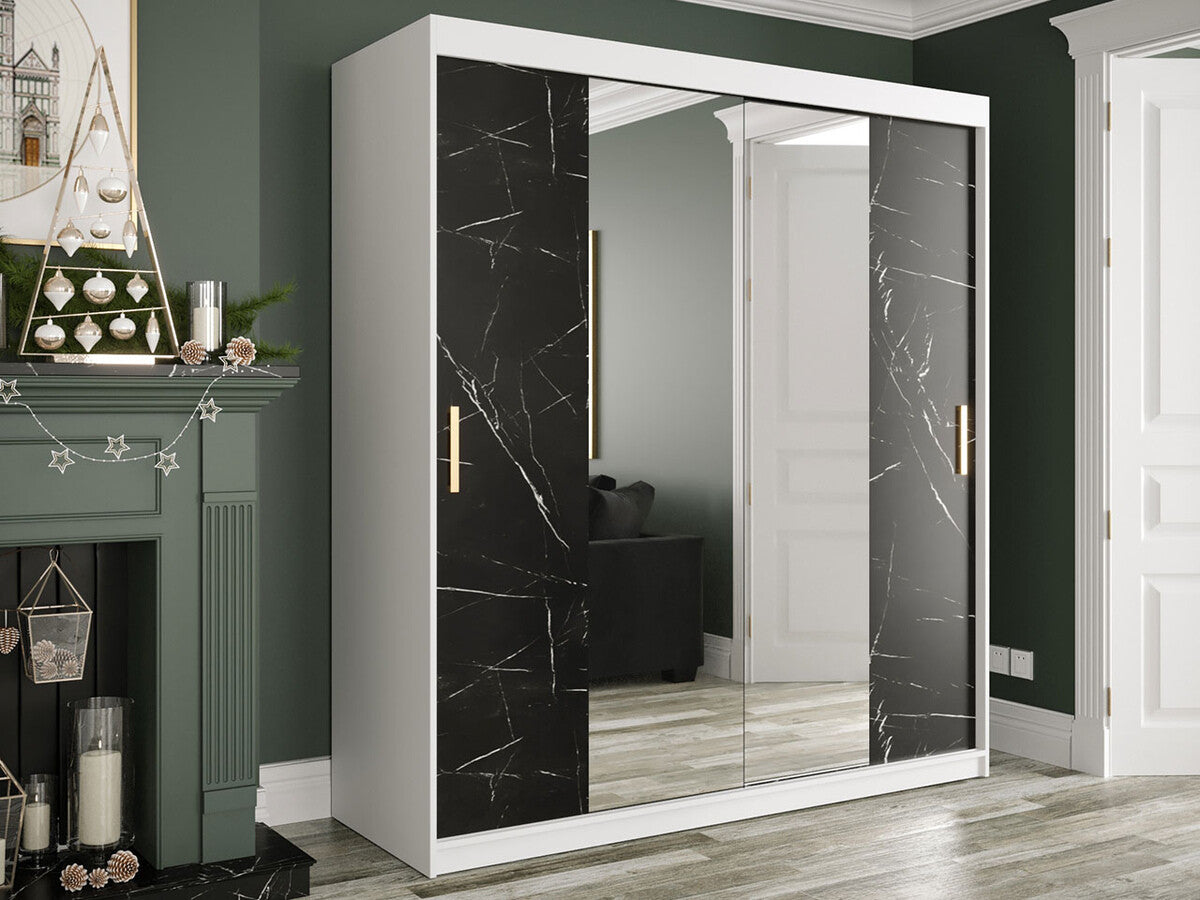 Gardróbszekrény 180 MARMUR T1 (Nemnnus T1 180), Szín: Matt fehér + Fekete márvány, Fiókok: Nem