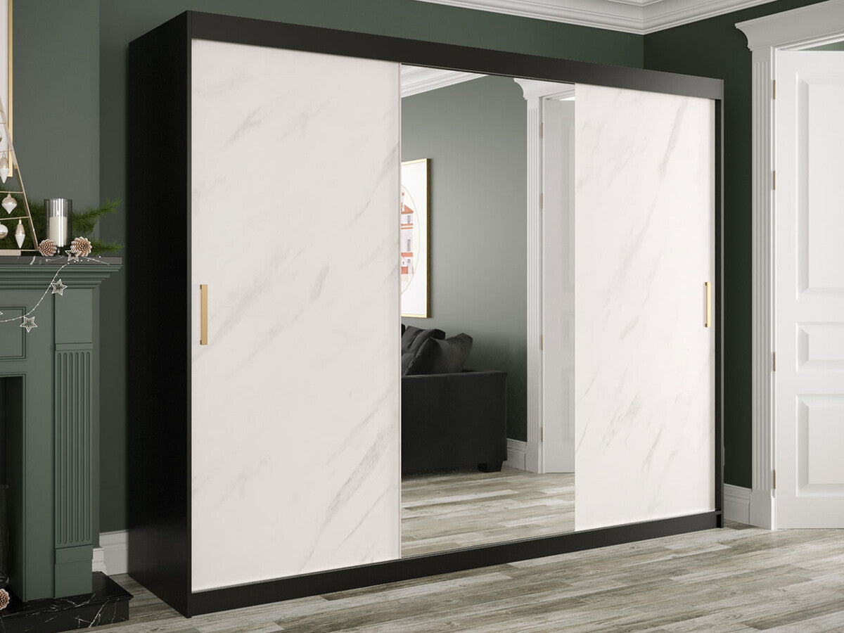 Gardróbszekrény 250 MARMUR T1 (Nemnnus T1 250), Szín: Matt fekete + Fehér márvány, Fiókok: Nem