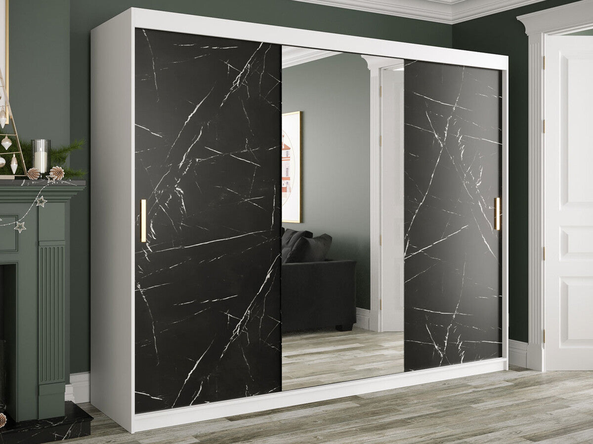 Gardróbszekrény 250 MARMUR T1 (Nemnnus T1 250), Szín: Matt fehér + Fekete márvány, Fiókok: Nem