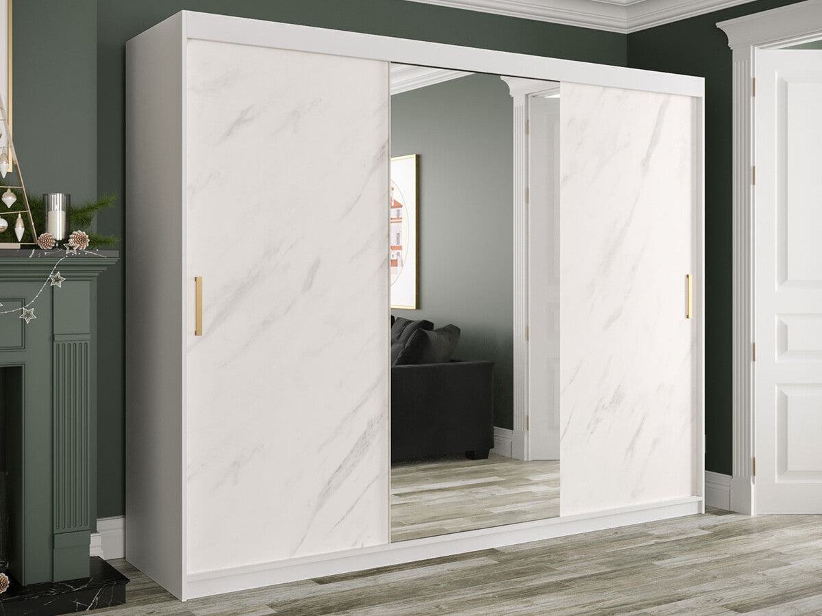 Gardróbszekrény 250 MARMUR T1 (Nemnnus T1 250), Szín: Matt fehér + Fehér márvány, Fiókok: Nem