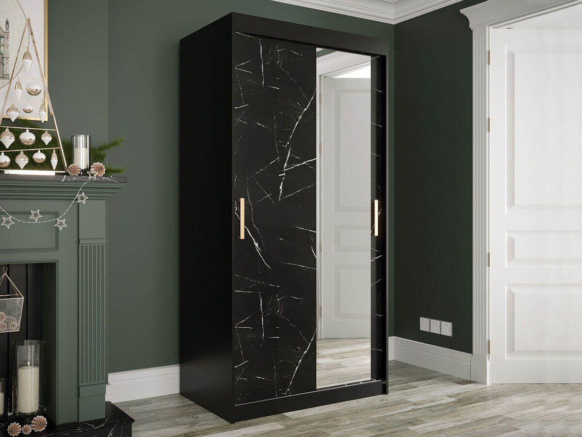 Gardróbszekrény 100 MARMUR T2 (Nemnnus T2 100), Szín: Matt fekete + Fekete márvány, Fiókok: Nem