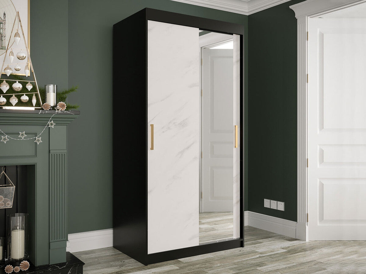 Gardróbszekrény 100 MARMUR T2 (Nemnnus T2 100), Szín: Matt fekete + Fehér márvány, Fiókok: Nem