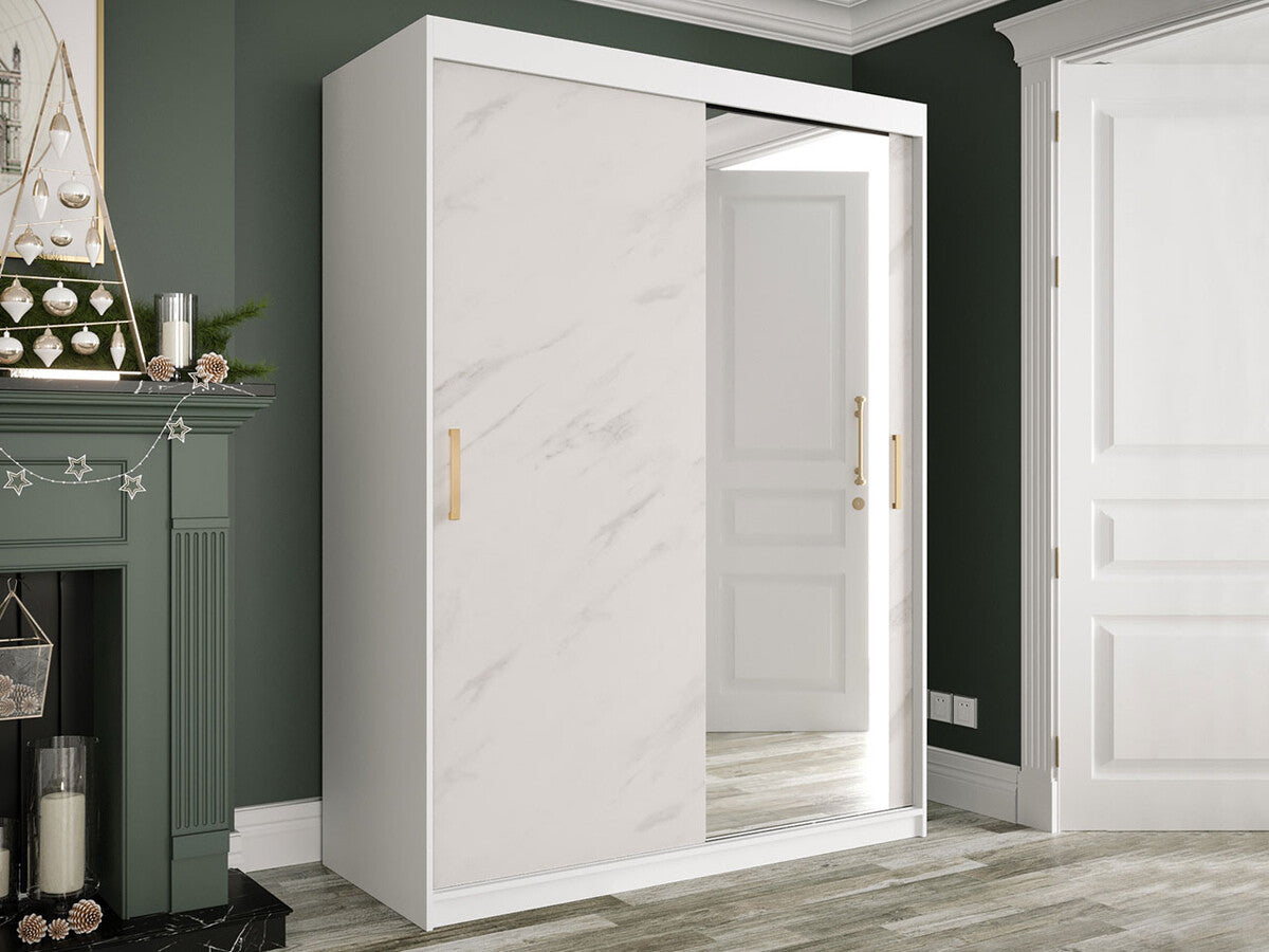 Gardróbszekrény 150 MARMUR T2 (Nemnnus T2 150), Szín: Matt fehér + Fehér márvány, Fiókok: Nem