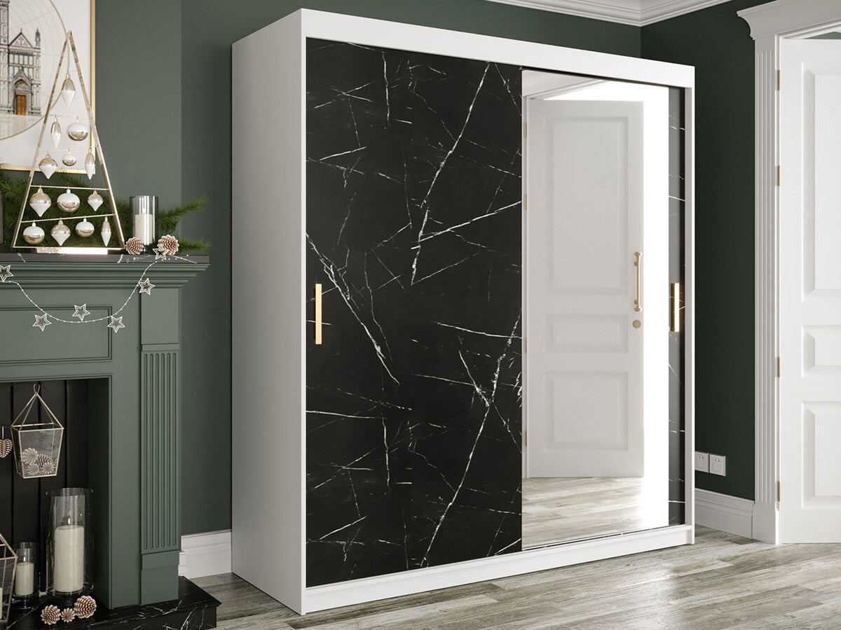 Gardróbszekrény 180 MARMUR T2 (Nemnnus T2 180), Szín: Matt fehér + Fekete márvány, Fiókok: Igen