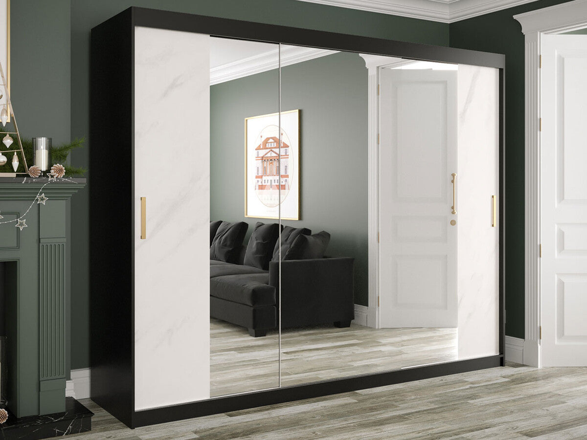 Gardróbszekrény 250 MARMUR T2 (Nemnnus T2 250), Szín: Matt fekete + Fehér márvány, Fiókok: Nem