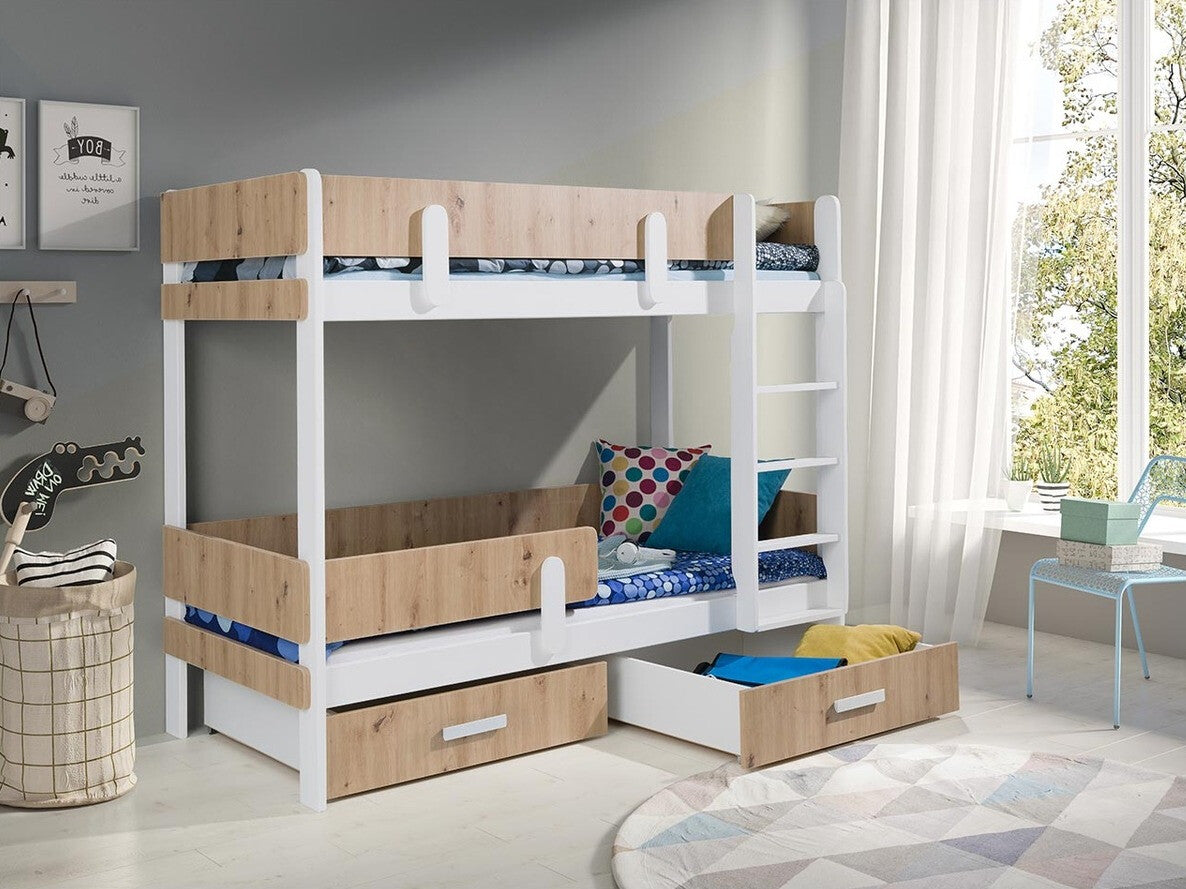 Emeletes ágy ETTORE (Petenti 90), Szín: Fehér + Artisan tölgy, Változatok: Jobbos