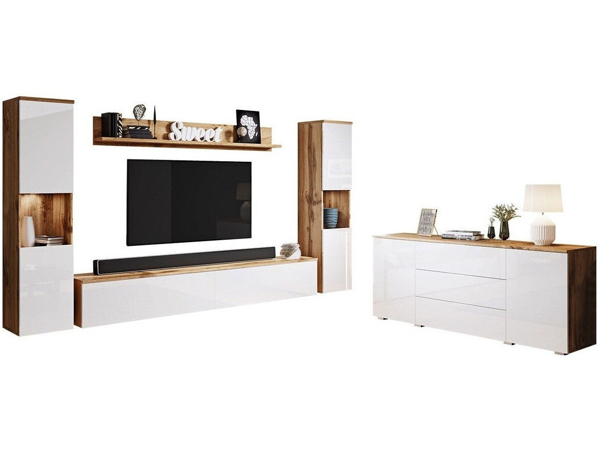 Nappali szett PARIS II (Bamisio II), Szín: Wotan tölgy + Fényes fehér, Led világítás: Igen