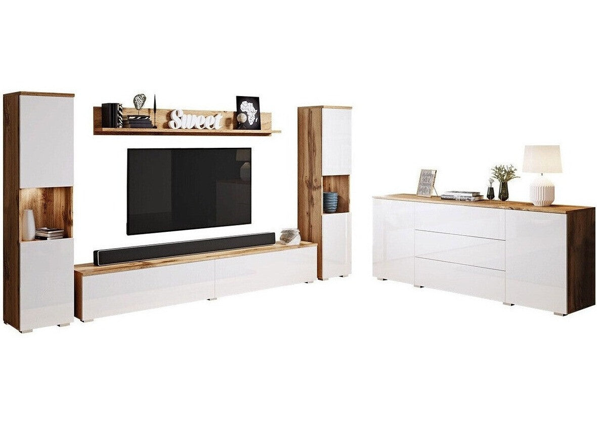 Nappali szett PARIS II (Bamisio II), Szín: Wotan tölgy + Fényes fehér, Led világítás: Igen