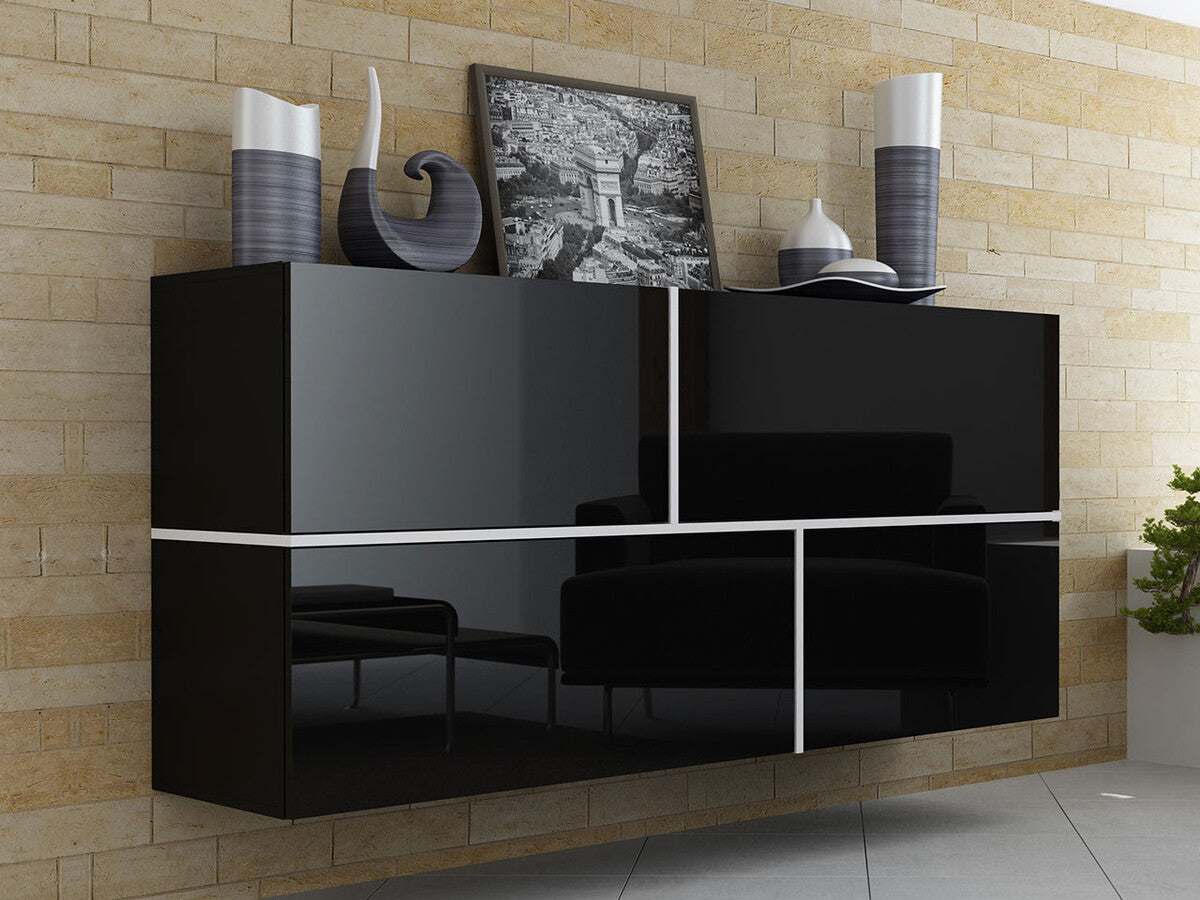 Fali szekrény Goya, Szín: Fekete + Fényes fekete + Fehér