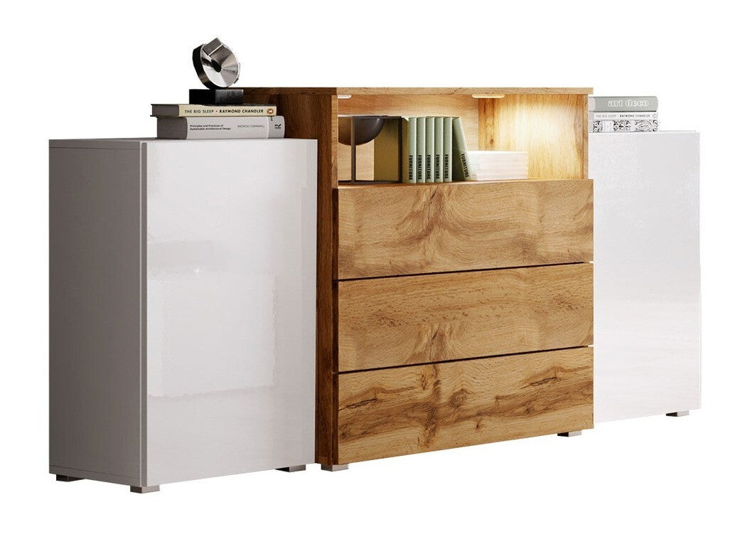 Komód URBAN URBIII1500 (Layla III), Szín: Fehér + Fényes fehér + Wotan tölgy, Led világítás: Nem