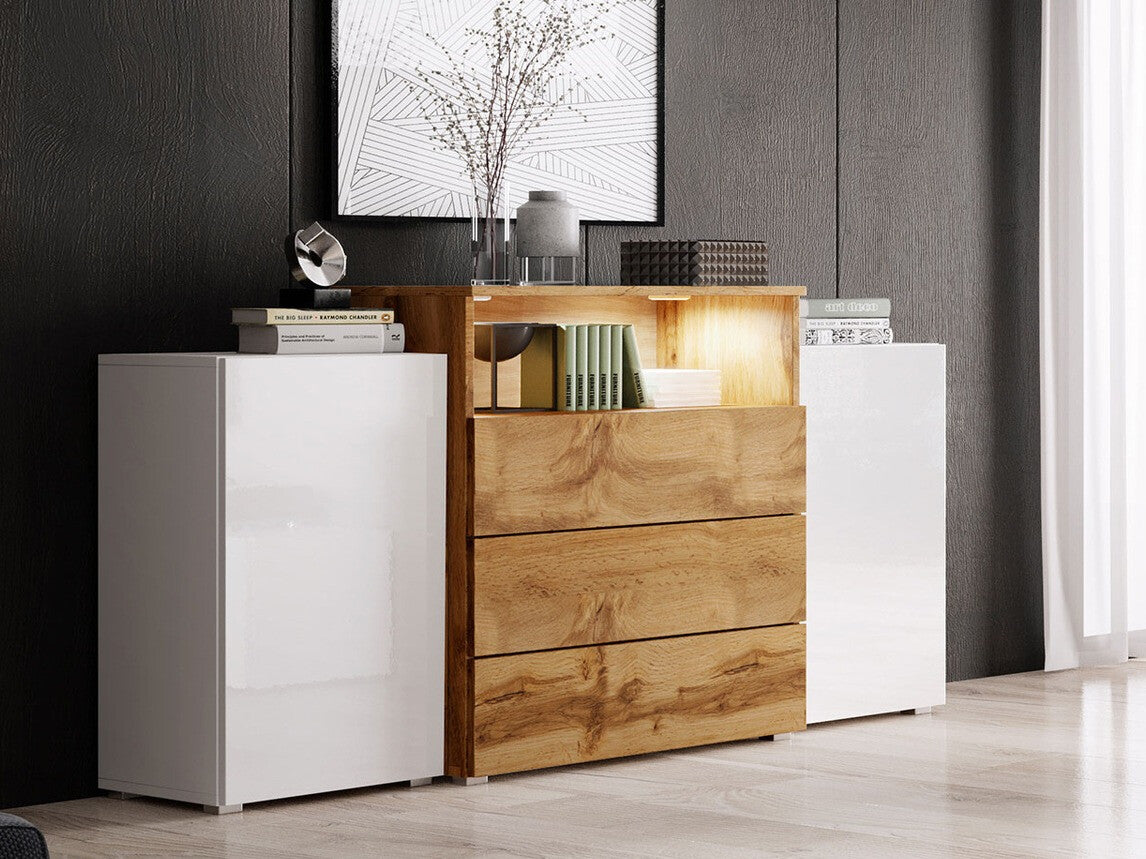 Komód URBAN URBIII1500 (Layla III), Szín: Fehér + Fényes fehér + Wotan tölgy, Led világítás: Nem