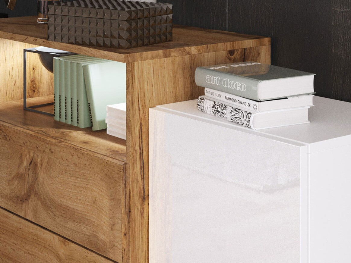 Komód URBAN URBIII1500 (Layla III), Szín: Fehér + Fényes fehér + Wotan tölgy, Led világítás: Nem