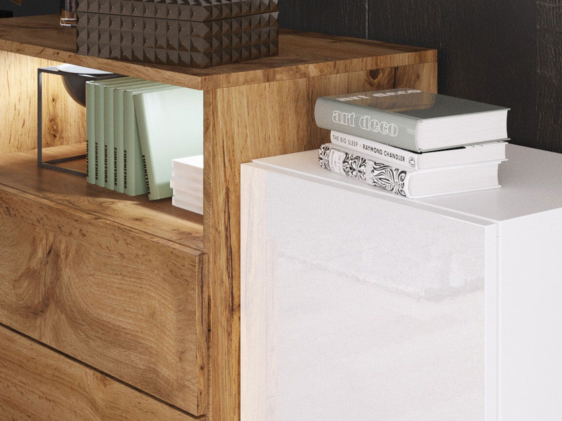 Komód URBAN URBIII1500 (Layla III), Szín: Fehér + Fényes fehér + Wotan tölgy, Led világítás: Igen