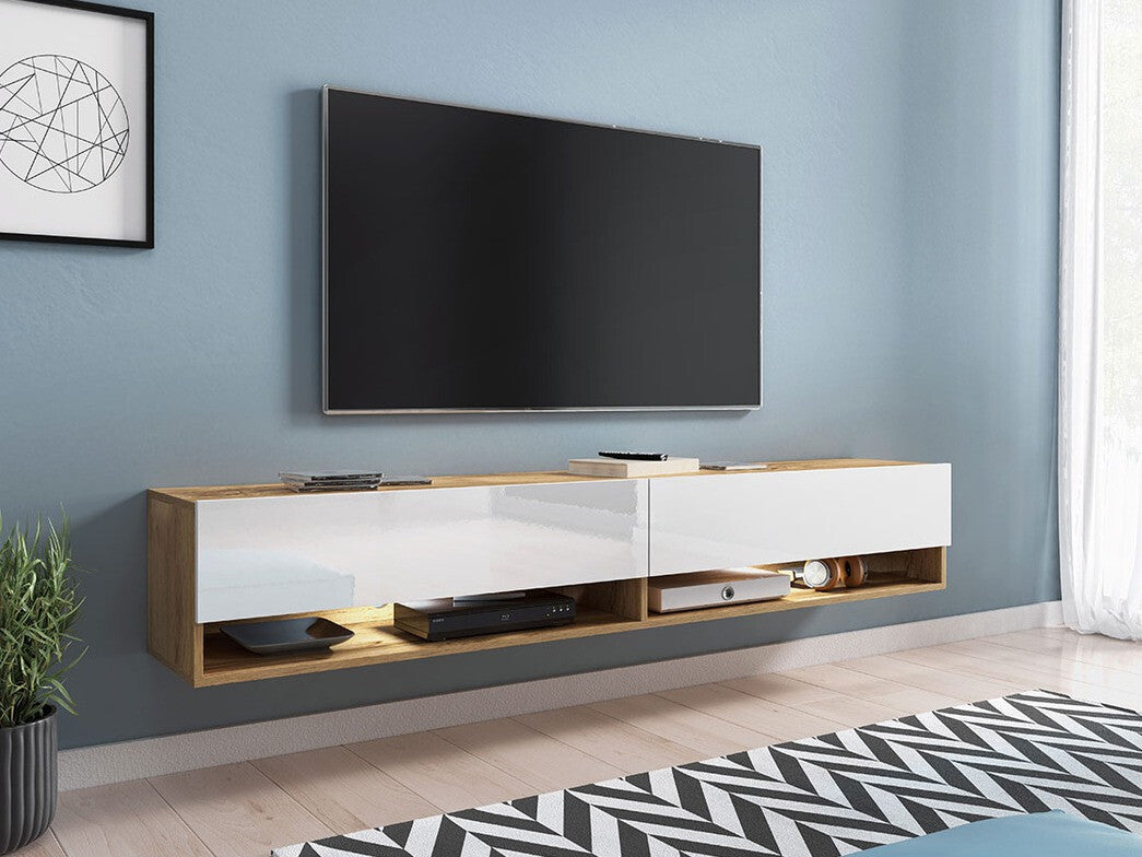 TV-állvány Lowboard A180 (Adenik 180), Led világítás: Igen, Szín: Wotan tölgy + Fényes fehér