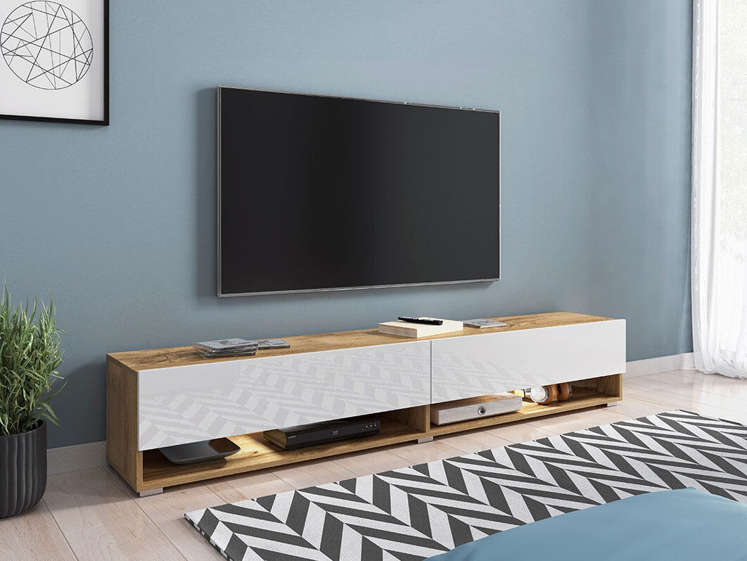 TV-állvány Lowboard A180 (Adenik 180), Led világítás: Igen, Szín: Wotan tölgy + Fényes fehér