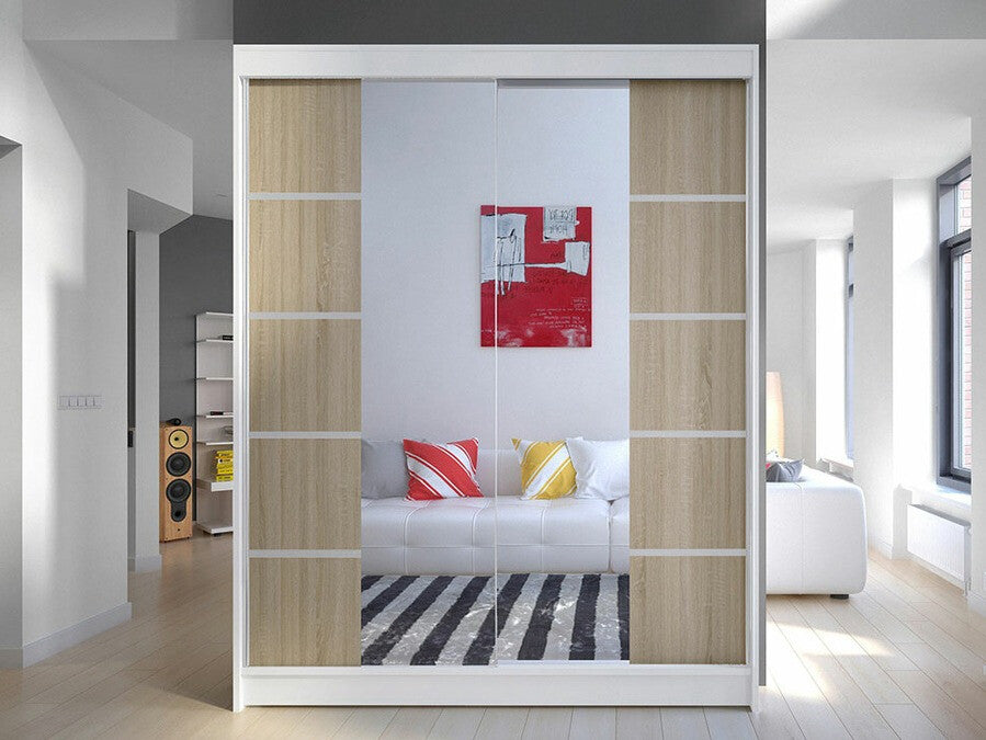 Gardróbszekrény Caminem V (Belgia V), Szín: Fehér + Sonoma tölgy, Led világítás: Nem