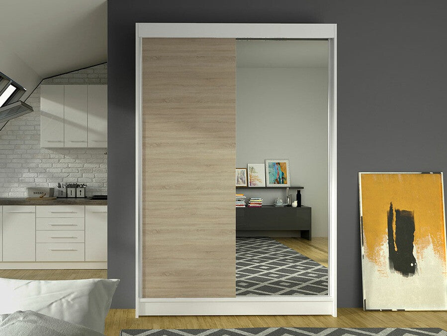 Gardróbszekrény Linem I (Parys I), Szín: Fehér + Sonoma tölgy, Led világítás: Nem