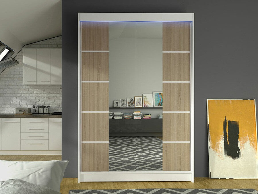 Gardróbszekrény Linem V (Parys V), Szín: Fehér + Sonoma tölgy, Led világítás: Igen
