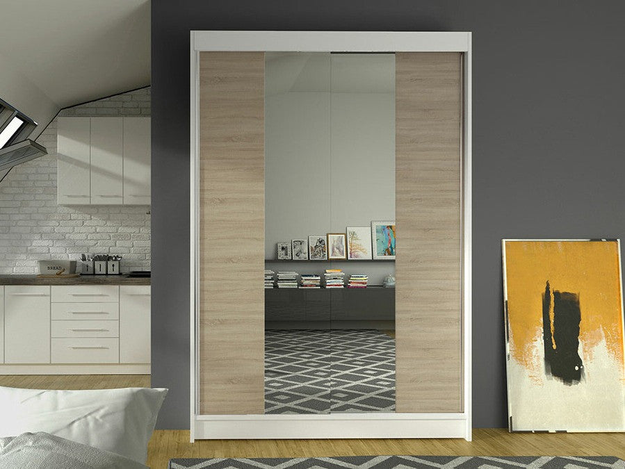 Gardróbszekrény Linem II (Parys II), Szín: Fehér + Sonoma tölgy, Led világítás: Nem