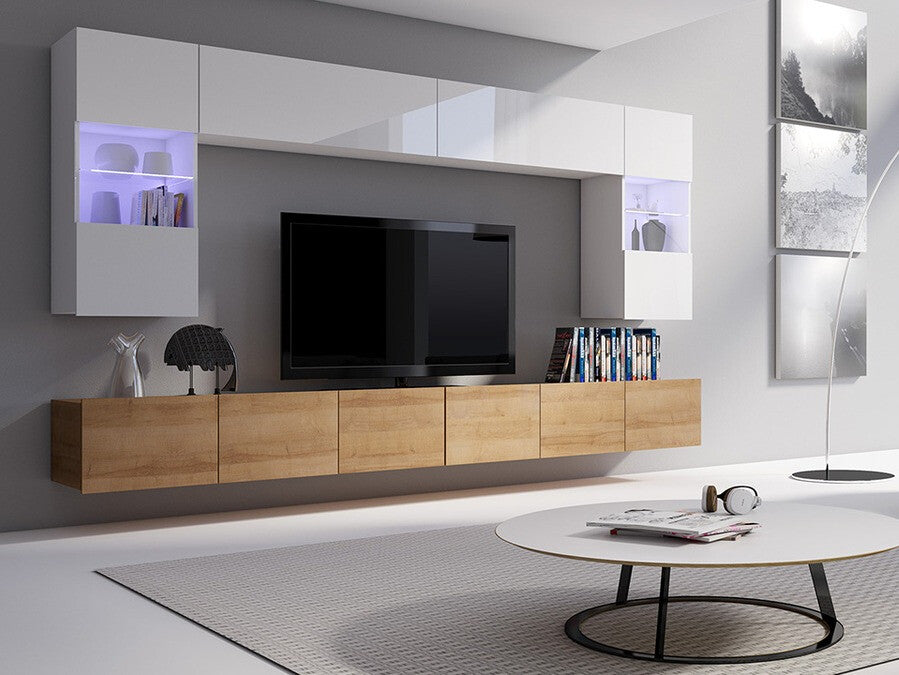 Nappali szett Calabrini (Bralani I), Szín: Arany tölgy + Fehér + Fényes fehér, Led világítás: Igen fehér