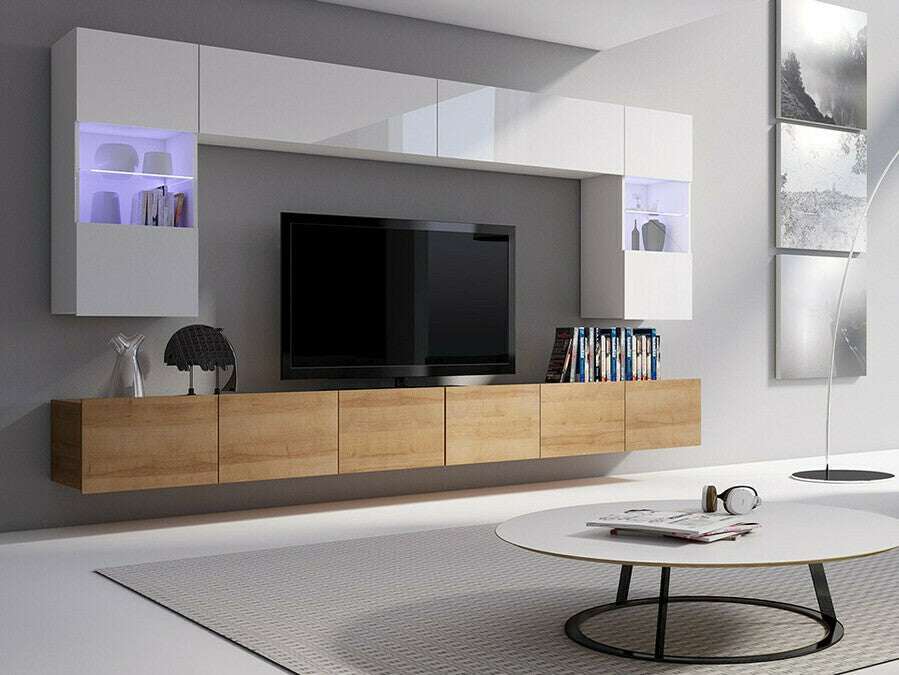 Nappali szett Calabrini (Bralani I), Szín: Arany tölgy + Fehér + Fényes fehér, Led világítás: Ez kék