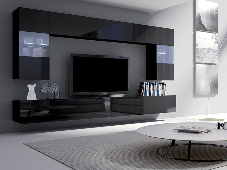 Nappali szett Calabrini (Bralani I), Led világítás: Igen fehér, Szín: Fényes fekete