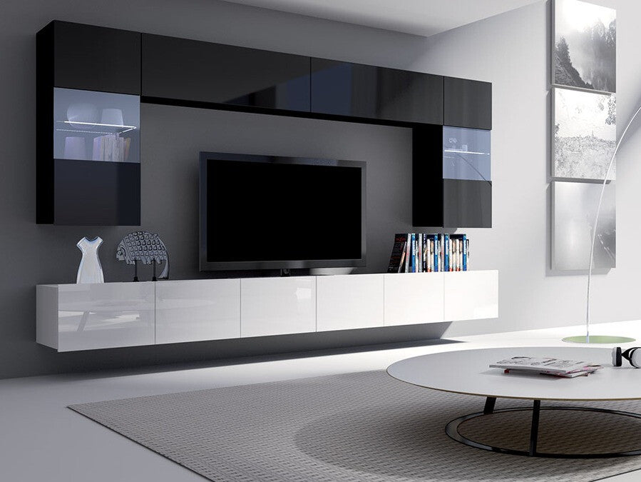 Nappali szett Calabrini (Bralani I), Led világítás: Igen fehér, Szín: Fényes fehér + Fényes fekete