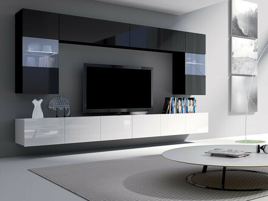 Nappali szett Calabrini (Bralani I), Led világítás: Ez kék, Szín: Fényes fehér + Fényes fekete