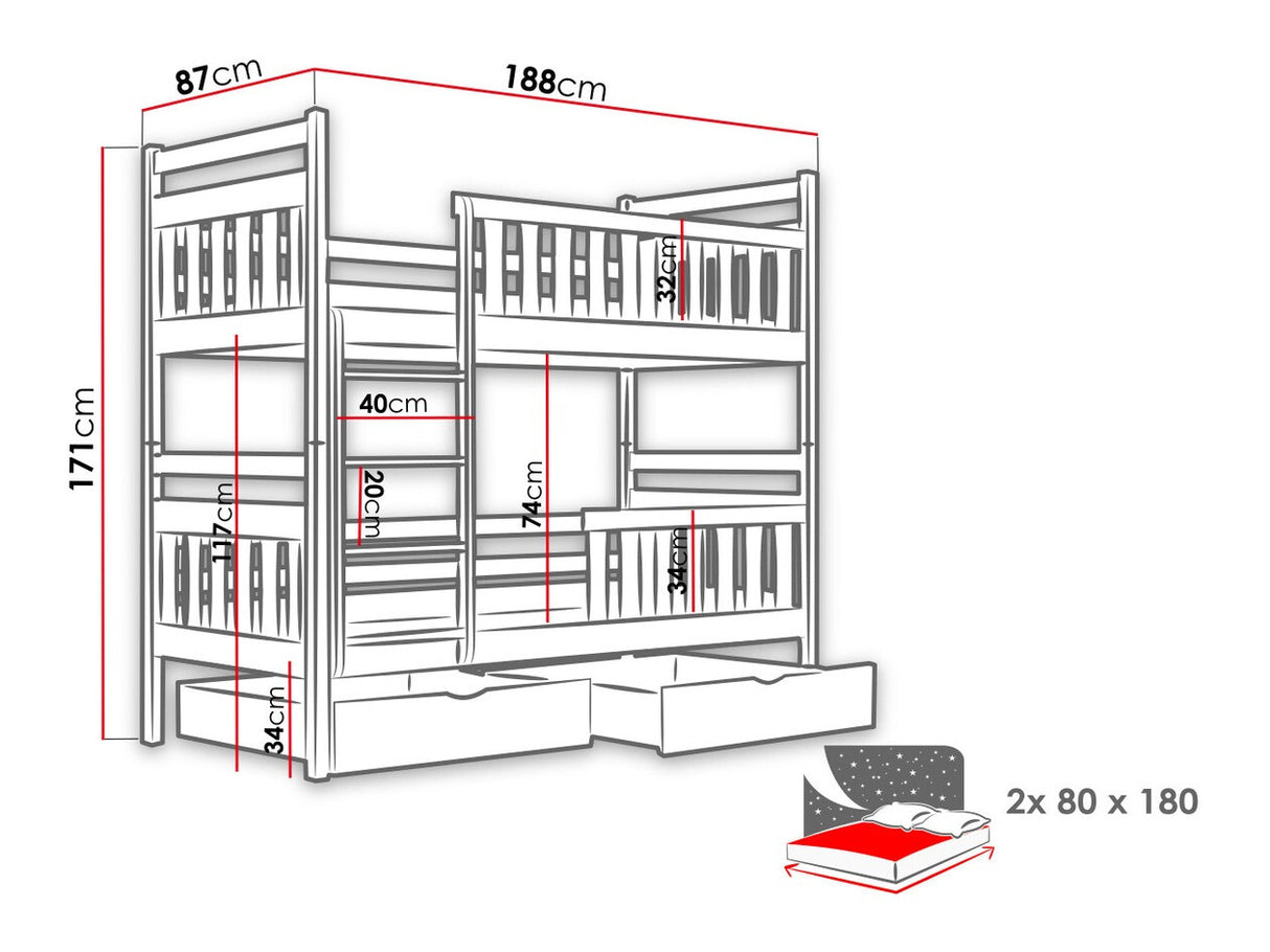 Emeletes ágy MONIKA (William), Szín: Szürke, Alvó felület mérete: 80 x 180 cm